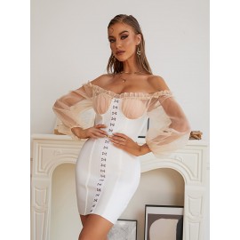 Off Shoulder Contrast Mesh Hook And Eye Bandage Dress