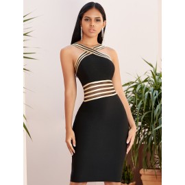 Mesh Insert Crisscross Halter Bandage Dress