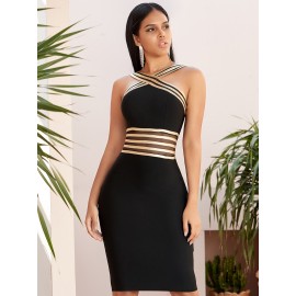 Mesh Insert Crisscross Halter Bandage Dress