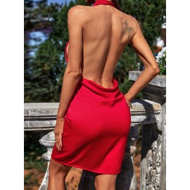 Draped Collar Backless Satin Halter Dress