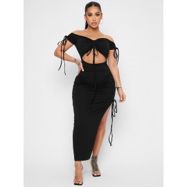 Off Shoulder Ruched Knot Cut-out Split Thigh Bodycon Dress