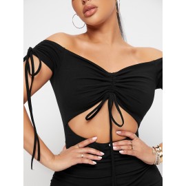 Off Shoulder Ruched Knot Cut-out Split Thigh Bodycon Dress