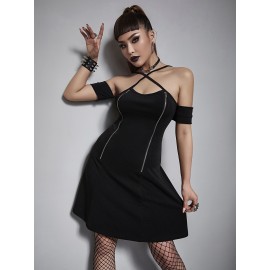 Solid Zipper Front Crisscross A-line Dress