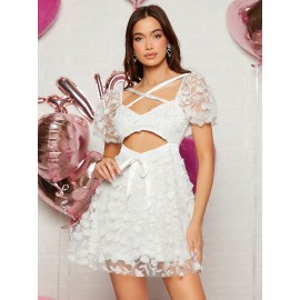 Cutout Tie Front Floral Applique Mesh Dress