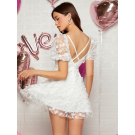Cutout Tie Front Floral Applique Mesh Dress