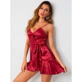 Surplice Neck Belted Ruffle Hem Jacquard Satin  Dress