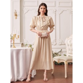 Tie Neck Ruffle Trim Puff Sleeve Dress