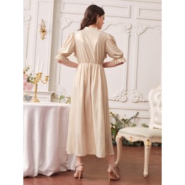 Tie Neck Ruffle Trim Puff Sleeve Dress