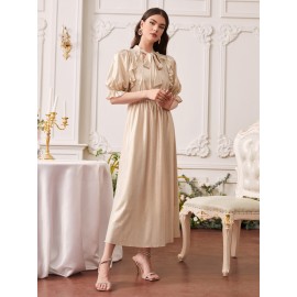 Tie Neck Ruffle Trim Puff Sleeve Dress