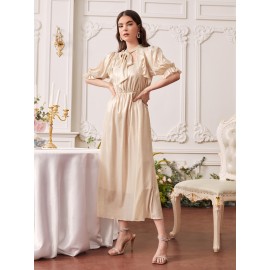 Tie Neck Ruffle Trim Puff Sleeve Dress