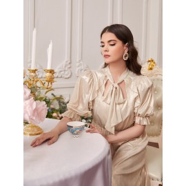 Tie Neck Ruffle Trim Puff Sleeve Dress