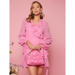 Allover Print Lantern Sleeve Ruffle Detail Belted Dress