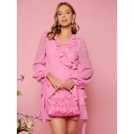 Allover Print Lantern Sleeve Ruffle Detail Belted Dress