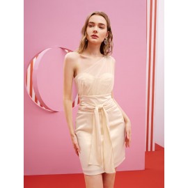 Dhartie One Shoulder Mesh Panel Knot Front Split Back Satin Dress