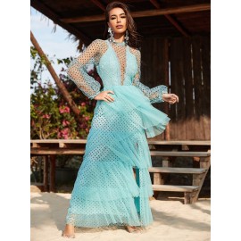 Polka Dot Contrast Lace Lantern Sleeve Layer Hem Slit Thigh Mesh Formal Dress