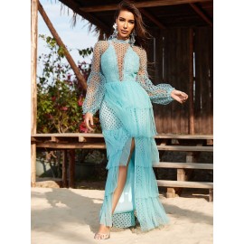 Polka Dot Contrast Lace Lantern Sleeve Layer Hem Slit Thigh Mesh Formal Dress