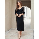 Contrast Lace Lantern Sleeve Twist Front Dress