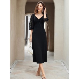 Contrast Lace Lantern Sleeve Twist Front Dress