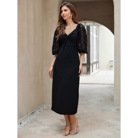 Contrast Lace Lantern Sleeve Twist Front Dress
