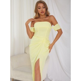 Off The Shoulder Ruched Split Thigh Dress