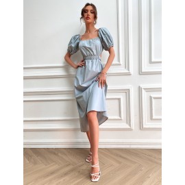 Square Neck Tie Back Cut Out Puff Sleeve Dress