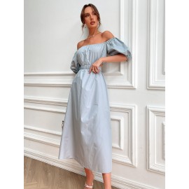 Square Neck Tie Back Cut Out Puff Sleeve Dress