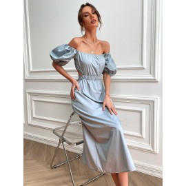 Square Neck Tie Back Cut Out Puff Sleeve Dress