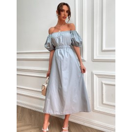 Square Neck Tie Back Cut Out Puff Sleeve Dress