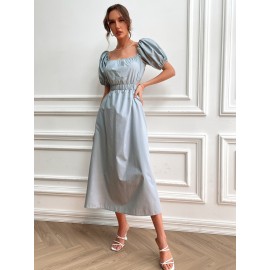 Square Neck Tie Back Cut Out Puff Sleeve Dress