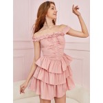 Off Shoulder Frill Trim Layered Hem Dress