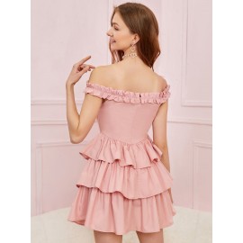 Off Shoulder Frill Trim Layered Hem Dress