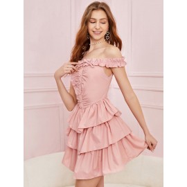 Off Shoulder Frill Trim Layered Hem Dress