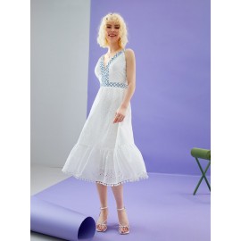 Geo Pattern Eyelet Embroidery Ruffle Hem Dress
