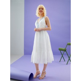 Geo Pattern Eyelet Embroidery Ruffle Hem Dress