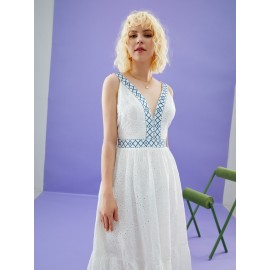 Geo Pattern Eyelet Embroidery Ruffle Hem Dress