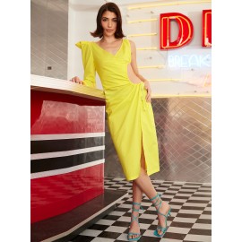 Asymmetrical Neck Cut Out Split Thigh Drawstring Detail Dress