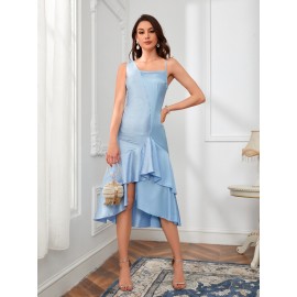 Asymmetrical Neck Striped Print Ruffle Hem Bridesmaid Dress