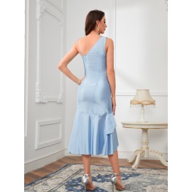 Asymmetrical Neck Striped Print Ruffle Hem Bridesmaid Dress