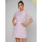 Floral Jacquard Cut Out Waist Puff Sleeve Button Back Dress
