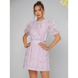 Floral Jacquard Cut Out Waist Puff Sleeve Button Back Dress