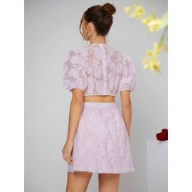 Floral Jacquard Cut Out Waist Puff Sleeve Button Back Dress