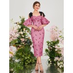 1pc Knot Strap Puff Sleeve Cherry Print Dress