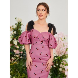 1pc Knot Strap Puff Sleeve Cherry Print Dress