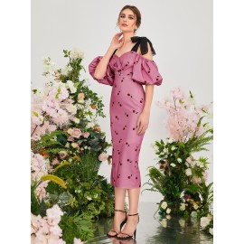1pc Knot Strap Puff Sleeve Cherry Print Dress