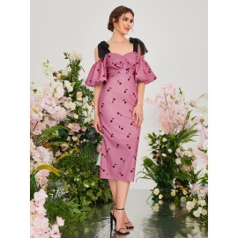 1pc Knot Strap Puff Sleeve Cherry Print Dress
