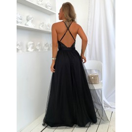 Sequin Bodice Backless Mesh  Prom Dress