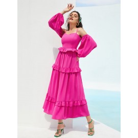 Cold Shoulder Lantern Sleeve Ruffle Hem Dress