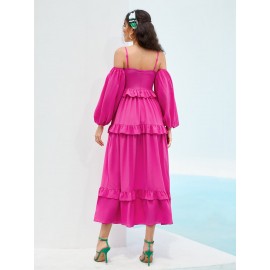 Cold Shoulder Lantern Sleeve Ruffle Hem Dress
