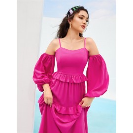 Cold Shoulder Lantern Sleeve Ruffle Hem Dress