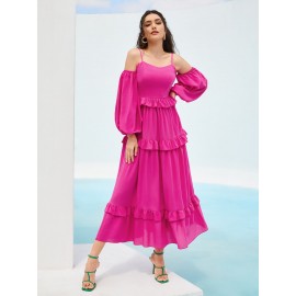 Cold Shoulder Lantern Sleeve Ruffle Hem Dress
